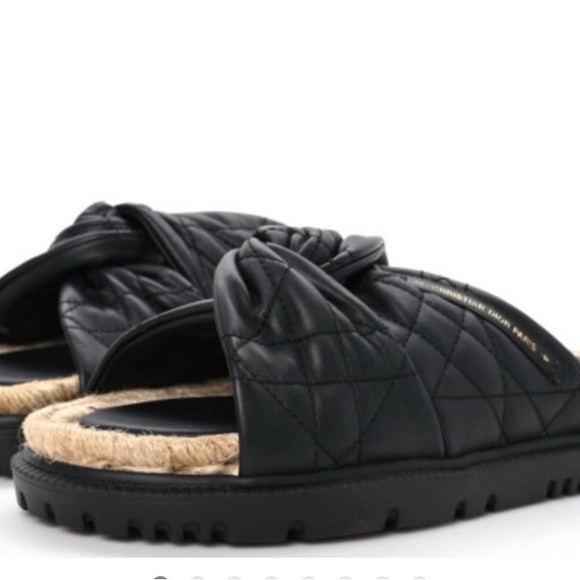Dior Black Quilted Leather Cross-Strap Sandals with Natural Rope Trim - Picture 2 of 8